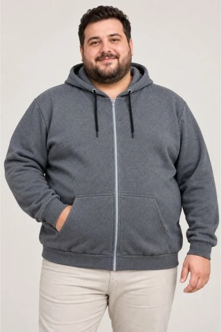 Butik İstanbul Erkek Battal Büyük Beden Üç İplik İçi Şardonlu Kapüşonlu Tam Fermuarlı Kışlık Sweatshirt - Füme