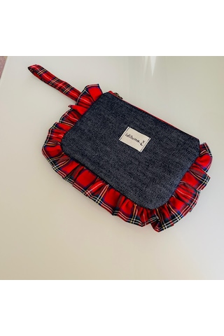 İdiluna Kırmızı Ekose Fırfırlı, Denim Ve Bilek Askılı Makyaj Çantası / Clutch Lacivert Kırmızı