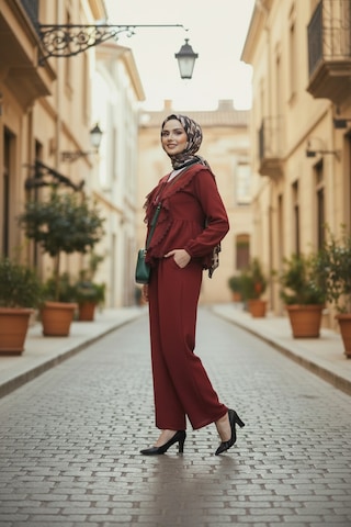 Stilkusagi Kadın Bordo Önü Bağlamalı Çilek Kumaş İkili Takım Pantolon