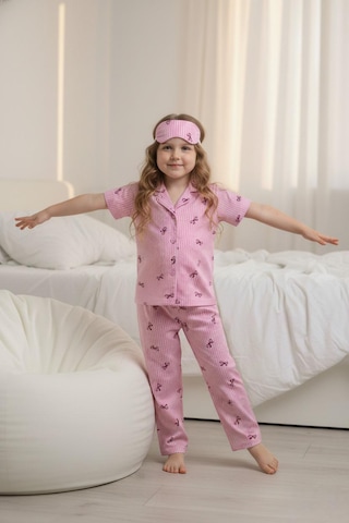 Lillypicca Pembe Soft Çizgili Fiyonk Desenli Bambu Önden Düğmeli Göz Bantlı Kısa Kol Pijama Takımı Açık Pembe