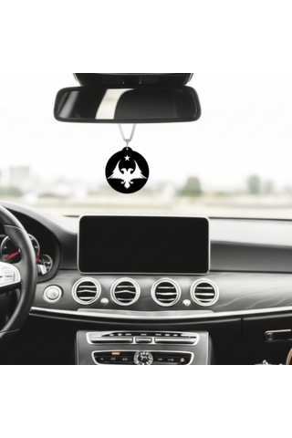 Çift Başlı Kartal Ve Ay Yıldız Çift Taraflı Dikiz Aynası Süsü - Premium Piano Black Pleksi Klipsli Zincirli Araç Aksesuarı