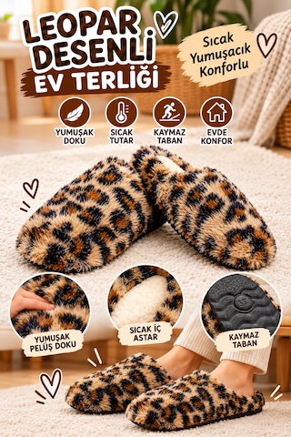 Gezer Leopar Desenli Kadın Ev Terliği Peluş Yumuşak Sıcak Tabanlı Kışlık Terlik Acı Kahverengi
