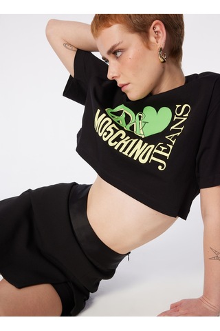 Moschino Jeans Siyah Kadın Yuvarlak Yaka Baskılı T-shirt 241k1j0703