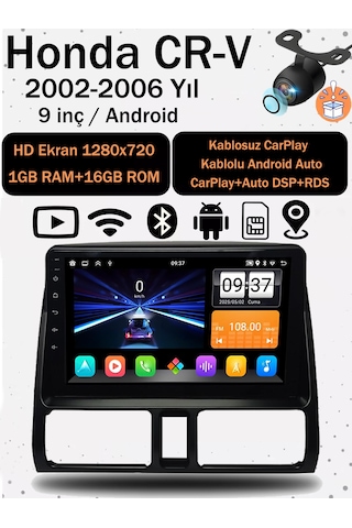 Honda Cr-v 2002-2006 Android Multimedya Ekran 1gb Ram 16gb Hafıza Carplay Android Auto Geri Görüş Kamerası Hediyeli 9"
