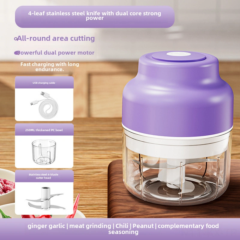 Kangvka Kablosuz Elektrikli Sarımsak Kesici 250ml Mor Mini Blender 4 Blatlı Bıçaklı Yemek Hazırlama Aleti Diğer