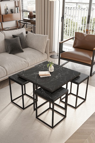 Lizbon 4+1 Kare Sehpa Takımı Siyah Metal - Siyah Mermer Tabla