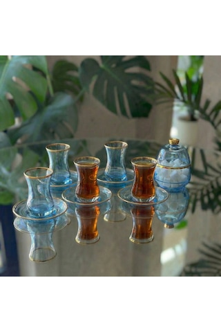Alfafe Home 13 Parça Mavi Lüster Altın Yaldızlı Cam Çay Seti 6 Kişilik Çay Takımı Şekerlik Hediyeli Mavi