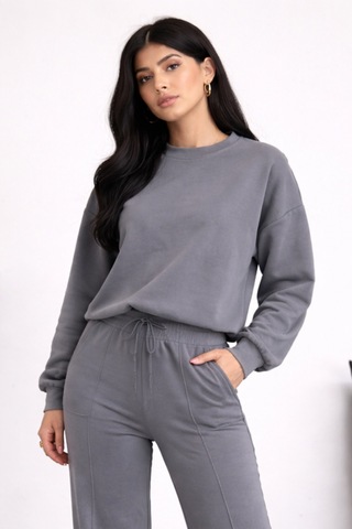 Balenbi Oversize Bisiklet Yaka Basic Modal Kadın Takım 1206 - Form Serisi Gri