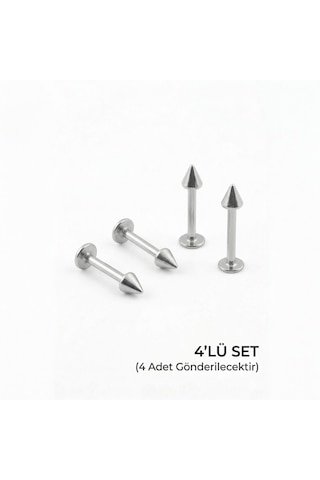 4'lü Kararmaz Çelik Koni Uçlu Labret Piercing Seti Tragus Helix Dudak Burun Conch Kıkırdak Küpesi Gümüş