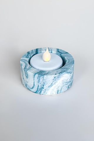 El Yapımı Mermer Desenli Mavi Beton Tealight Mumluk Minimal Dekoratif Şamdan 3 Adet Mavi