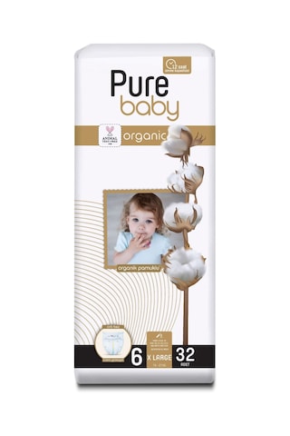 Pure Baby Organik Pamuklu Cırtlı Bez Tekli Paket 6 Numara Xlarge 32 Adet