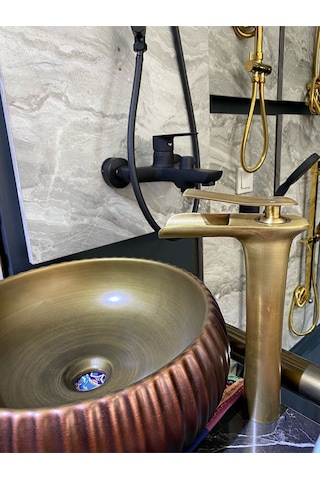 İsaoğlu Yapı Antik Gold Ocean Şelale Çanak Lavabo Bataryası Mat Gold Çanak Lavabo Bataryası Altın Lavabo Musluğu Gold