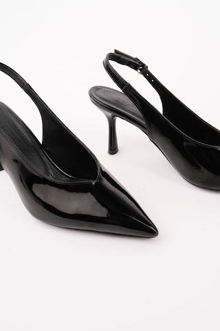 Alewomen Siyah Rugan Sivri Burun Arka Açık 9 Cm Topuk Mayra Stiletto Kadın Ayakkabı Siyah Rugan