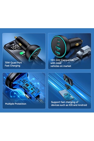 70w Type-c Ve Usb Giriş 4 Portlu Araç Şarjı Ce Lisanslı Pd Hızlı