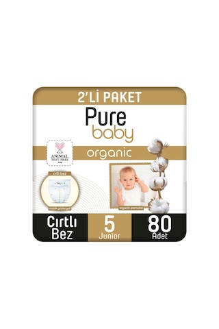 Pure Baby Organik Pamuklu Cırtlı Bez 5 Numara Junior 80 Adet 2'li Paket 2'li