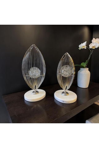 Silver Aura Metal Dekoratif Obje Mermer Tabanlı Modern Salon Aksesuarı İkili Set