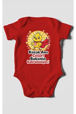 Morivokids Küçük Ama Cesur Babamın Kahramanıyım Kısa Kollu Bebek Body %100 Pamuk Kırmızı