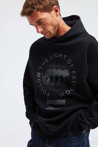 Olympos Erkek %100 Organik Pamuk 3 Iplik Oversize Baskılı Kapüşonlu Kordonlu Siyah Sweatshirt
