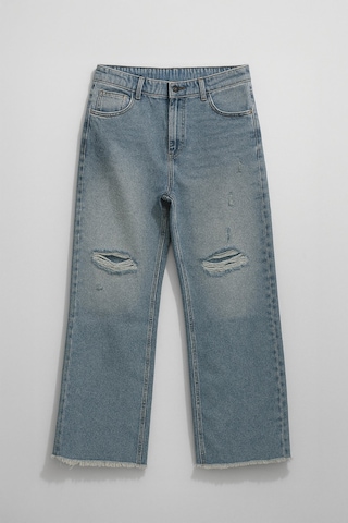 Kadın Yüksek Bel Wide Leg Dizi Yırtık Buz Mavi Jean Pantolon Mavi