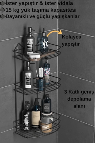Teknotel Banyo Düzenleyici Şampuanlık Sabunluk 3 Katlı Yapışkanlı Banyo Duş Rafı Siyah St009 Siyah