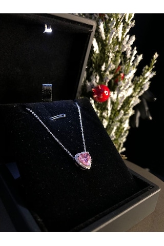 Svarovski Taşlı Pembe Kalp Model Gümüş Işıklı Kutuda Sevgiliye Eşe Arkadaşa Hediye Kolye