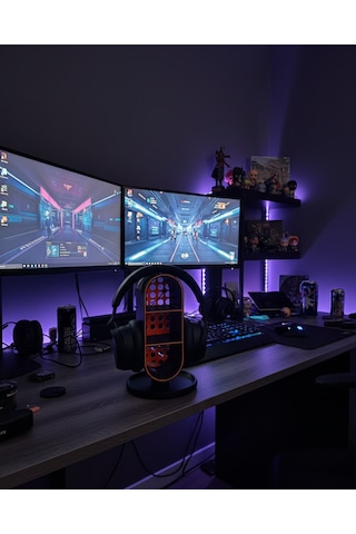 Elana Design Raflı Gamer Kulaklık Standı & Masa Üstü Organizer 1 Adet Mini Figür li - Siyah