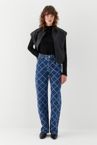 Baklava Desen Jean Pantolon Mavi Mavi