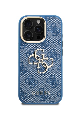Apple Uyumlu iPhone 15 Pro Max Kılıf Guess Lisanslı Metal 4g Ve Yazı Logolu Kamera Standlı Kapak Mavi