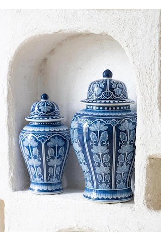 Dekoratif Kapaklı Küp Lacivert 29x29x56 Cm