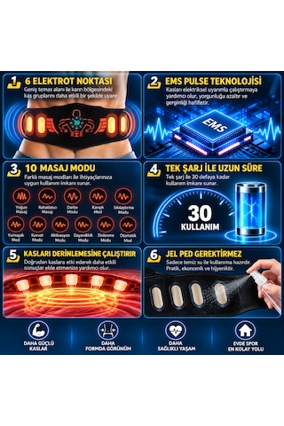 Ems Karın Kası Kemeri 30 Seviye 10 Mod Şarjlı Kas Stimülatörü 40 Cm Uzatma Aparatı