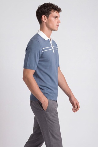 Sabri Özel Mavi Regular Fit Fermuarlı Polo Yaka Örme Triko T-shirt