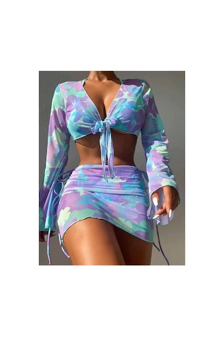Gugus 4-lü Bikini Takımı / Üst Pareosu + Alt Etek Pareosu + Üst Bikini + Alt Bikini Lila Desenli