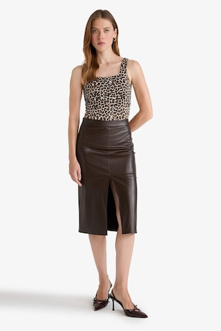 Defacto Kalem Yüksek Bel Penye Astar Suni Deri Midi Etek D4638ax25aubn116 Kahve