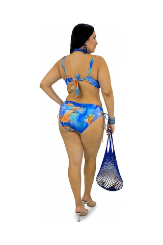 Büyük Beden Sabit Kaplı Toparlayıcı Çapraz Drapeli Yandan Bağlamalı Kadın Bikini Takım Mavi