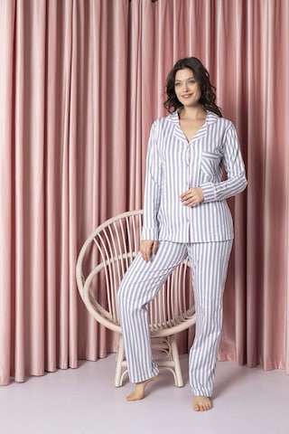 Ahengim Kadın Pijama Takımı Süprem Uzunkol Çizgili Bebe Yaka Boydan Düğmeli Pamuklu Mevsimlik W20592298 001
