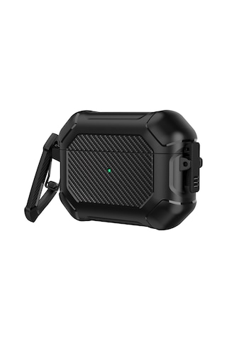 Apple Uyumlu AirPods Pro 3. Nesil İle Kılıf Kilitli Armor Tank Karbon Detaylı Difu Case Siyah