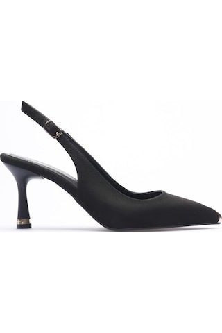 Esatsani Siyah Süet Arka Açık Sivri Burun Gold Burunluk Detaylı 9 Cm Topuk Sret Stiletto Kadın Ayakkabı Siyah Süet
