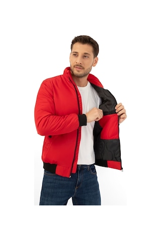 Erkek Kırmızı İçi Astarlı Dik Yaka Mevsimlik Cepli Su Ve Rüzgar Geçirmez Mont Kırmızı