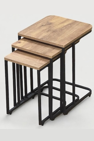 Nemeron Tekerlekli Zigon Sehpa 3lü Yan Sehpa Servis Sehpası Üçlü Çay Sehpası Metal Koltuk Sehpası - Ceviz Ceviz