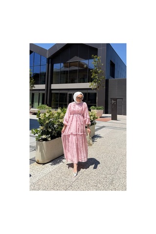 Riella Butik Perilla Fırfır Detaylı Tesettür Elbise Pembe