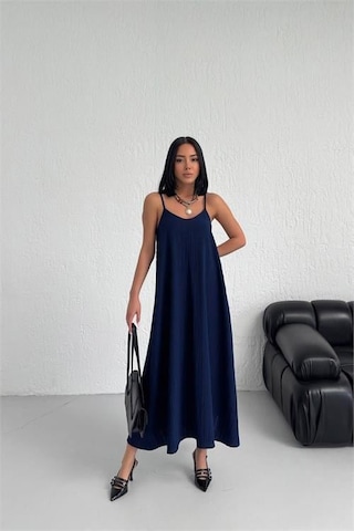 Dip Moda Kadın Lacivert Askılı İçi Astarlı Kaş Keten Elbise Dpmnbg017 Lacivert