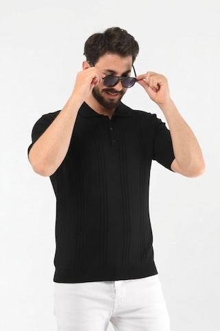 Onno Pamuk İplikli Boydan Çizgili Triko Tshirt Siyah