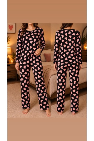 Lila İç Giyim Kadın Pembe Fiyonk Desenli Uzun Kollu Pijama Takımı Siyah Rahat Ev Giyim Seti Siyah - Pembe