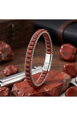 Moncuk Design Kırmızı Jasper Doğal Taşlı Hasır Örgü Zincirli Erkek Çelik Bileklik 33512b28d18 Kahverengi