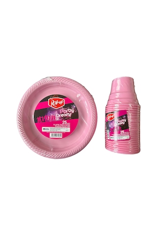 Ofis Catering Piknik Davet Doğum Günü Omeyva Sofra Seti - 25 Kişilik Pembe Tabak Bardak Takımı Pembe