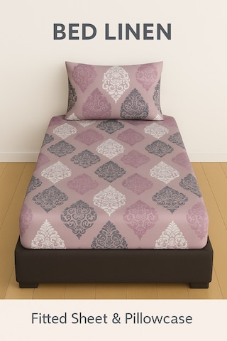 Tek Kişilik Desenli Lastikli Çarşaf Seti 90x200 Cm + 1 Yastık Kılıfı 50x70 Gül Kurusu