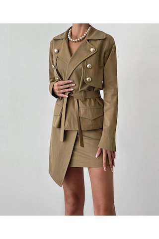 Kadın Düğme Detaylı Hardal Ceket Ve Etek Alt Üst Takım Hardal