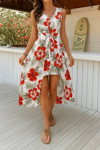 Soonaksesuar Kadın Kolsuz V Yakalı Desenli Süprem Tulum Elbise Çok Renkli