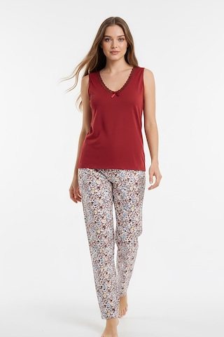 Kompedan Kadın % 100 Ring Viskon V Yaka Altı Desenli Kalın Askılı Pijama Takımı Kiremit 40108-4770