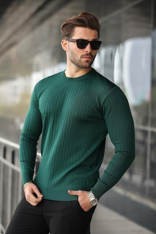 Madmext Nefti Yeşili Bisiklet Yaka Çizgili Uzun Kollu Kazak E7273 Nefti Yeşil